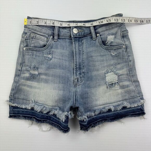 RISEN High Rise Frayed Hem Distressed Jean Shorts Raw Hem Light Wash Size 2 - Picture 8 of 10